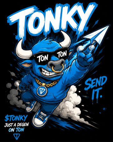 TONKY running with a paper plane